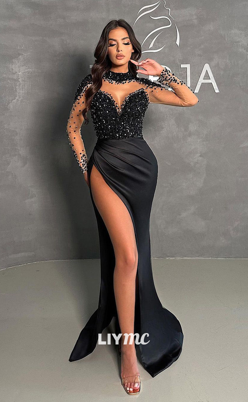 LP584 - Illusion High Neck Long Sleeves Beaded Satin Mermaid Long Evening Dress