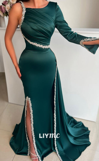 LP585 - Mermaid/Trumpet One Shoulder Beaded Pleated Satin Long Evening Dress