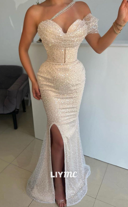 LP586 - Mermaid/Trumpet One Shoulder Beaded Sequins Long Prom Evening Dress