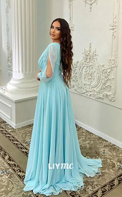 LP592 - A Line V Neck Long Sleeves Pleated Chiffon Long Prom Evening Dress