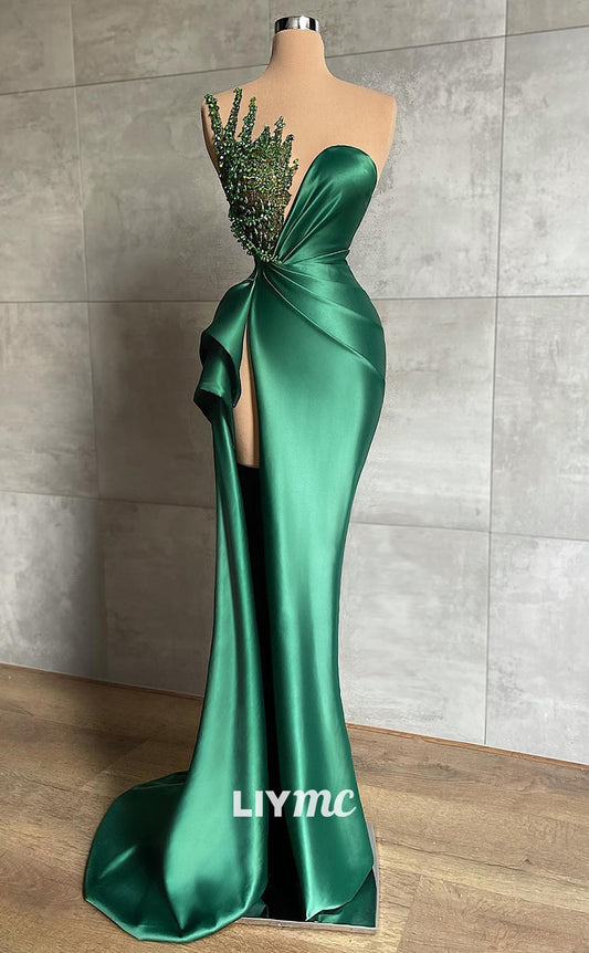 LP594 - Mermaid/Trumpet Illusion Beaded Satin Long Prom Evening Dress With Slit