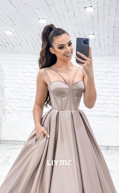 LP628 - A Line V Neck Cut Outs Satin Long Prom Party Dress With Sweep Train