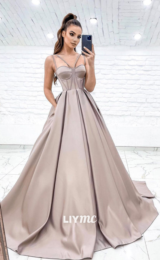 LP628 - A Line V Neck Cut Outs Satin Long Prom Party Dress With Sweep Train