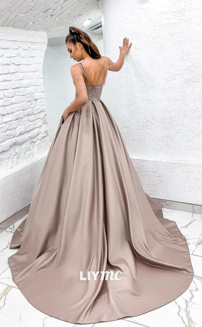 LP628 - A Line V Neck Cut Outs Satin Long Prom Party Dress With Sweep Train