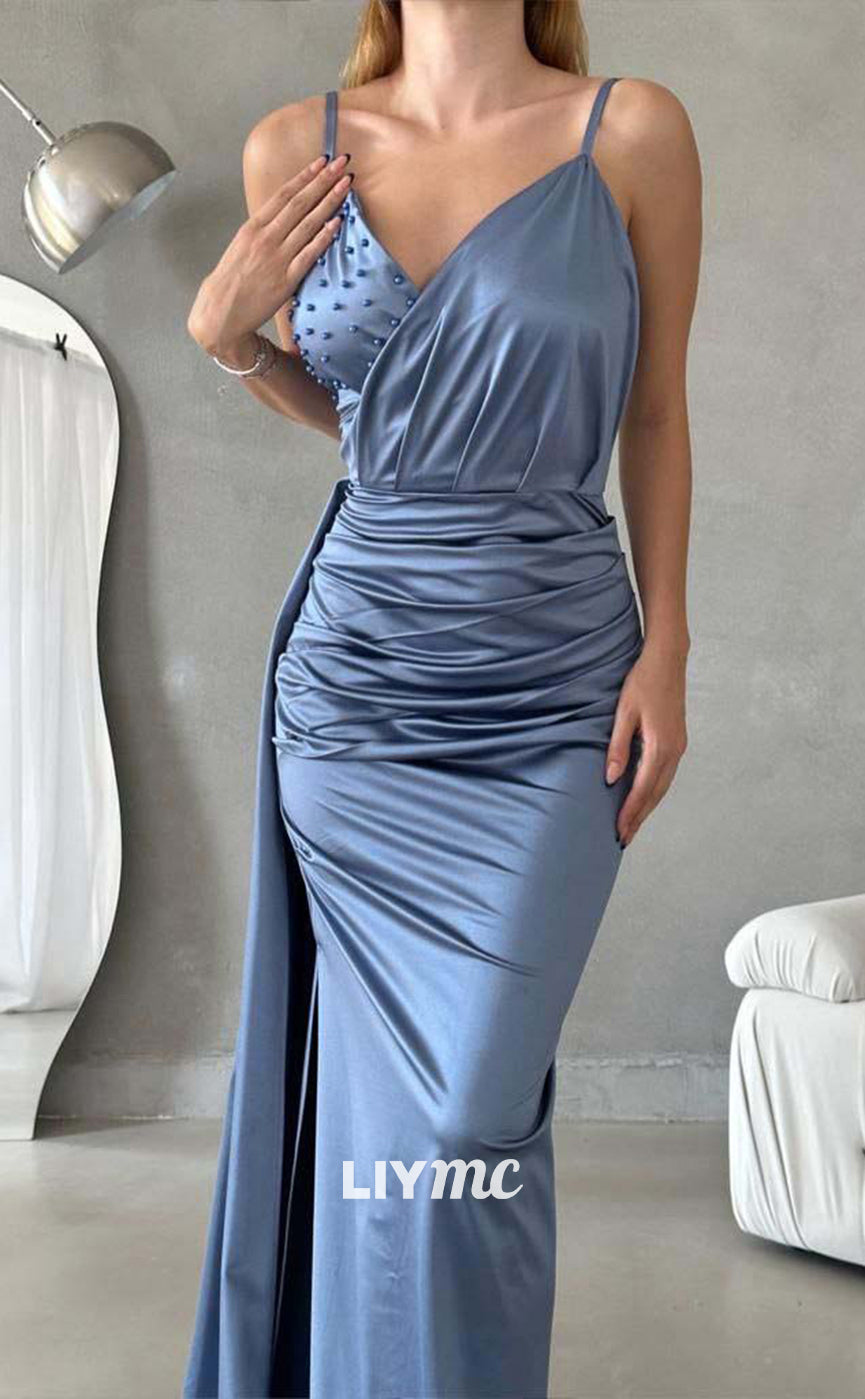 LP651 - Sheath/Column V Neck Beaded Pleated Satin Long Formal Evening Dress