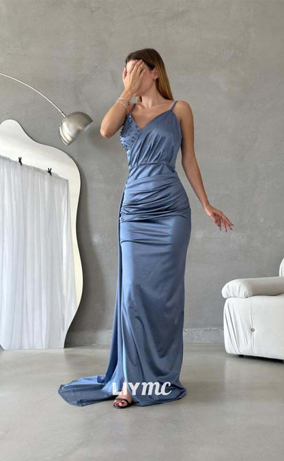 LP651 - Sheath/Column V Neck Beaded Pleated Satin Long Formal Evening Dress