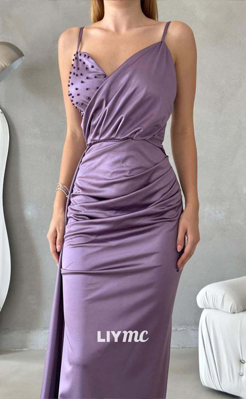 LP651 - Sheath/Column V Neck Beaded Pleated Satin Long Formal Evening Dress