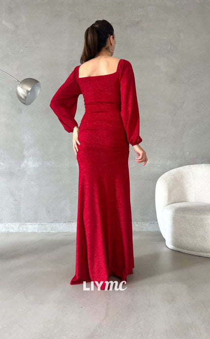 LP652 - Shimmer Square Neck Long Sleeves Elastic Satin Sheath Long Evening Dress