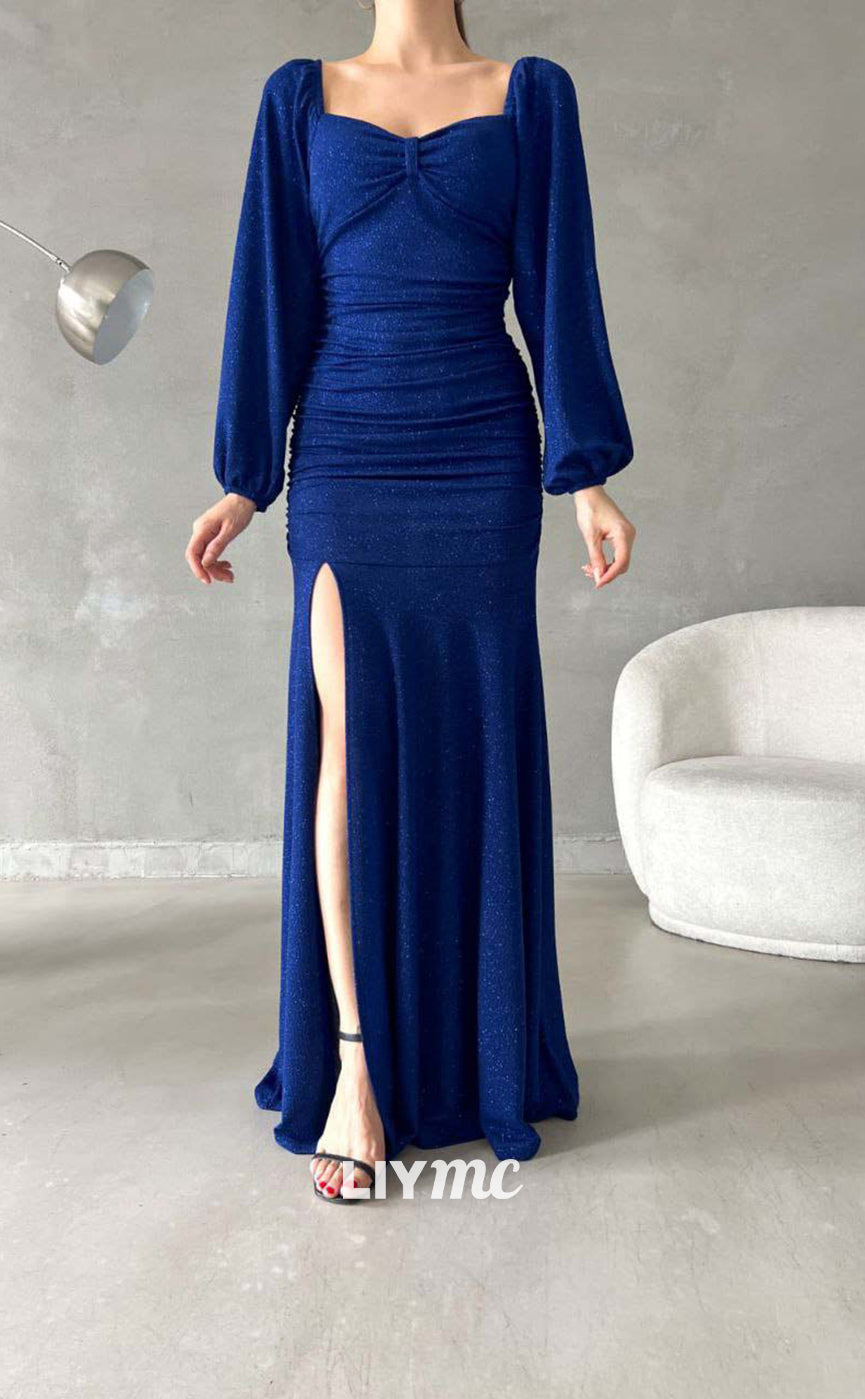 LP652 - Shimmer Square Neck Long Sleeves Elastic Satin Sheath Long Evening Dress