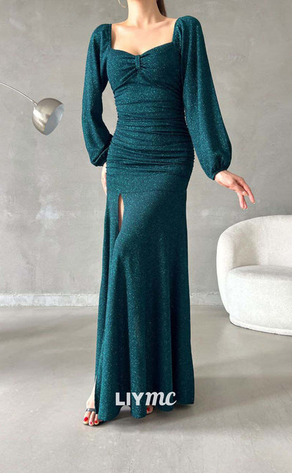 LP652 - Shimmer Square Neck Long Sleeves Elastic Satin Sheath Long Evening Dress