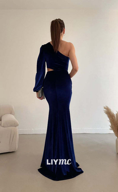 LP653 - One Shoulder Long Sleeves Velvet Mermaid Long Formal Evening Dress