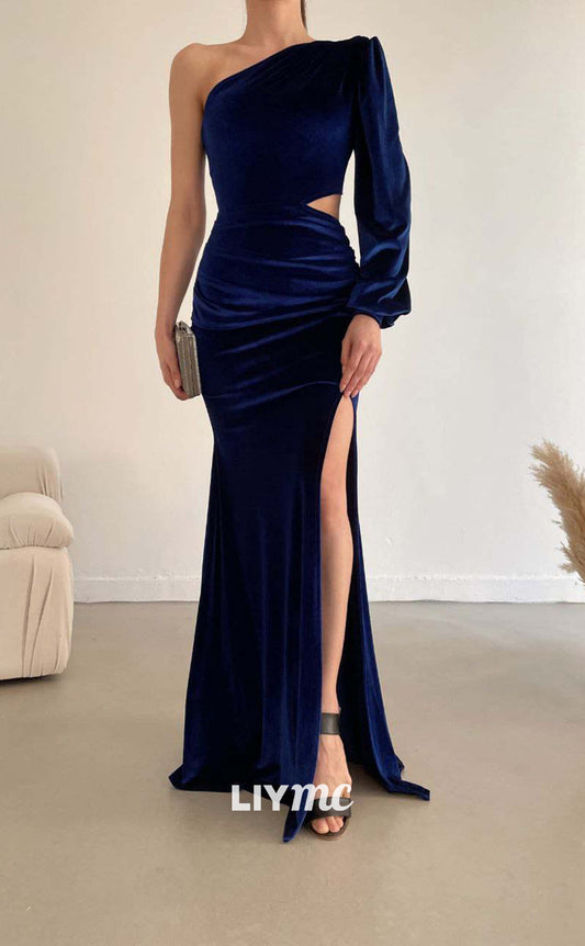 LP653 - One Shoulder Long Sleeves Velvet Mermaid Long Formal Evening Dress