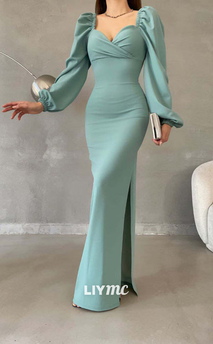 LP655 - Sweetheart Long Sleeves Satin Mermaid Long Formal Evening Dress