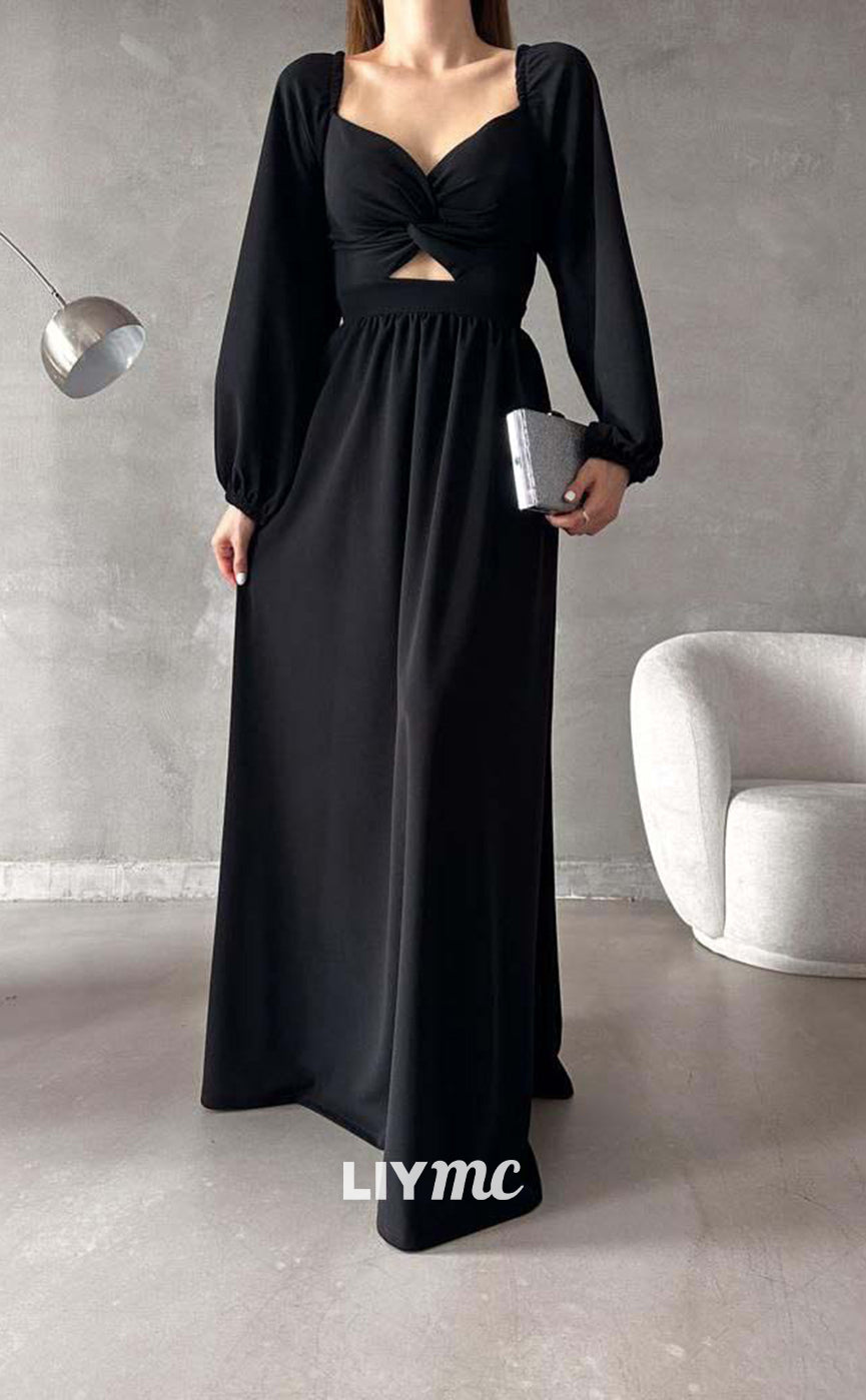 LP656 - V Neck Long Sleeves Ruched Satin A Line Long Formal Evening Dress