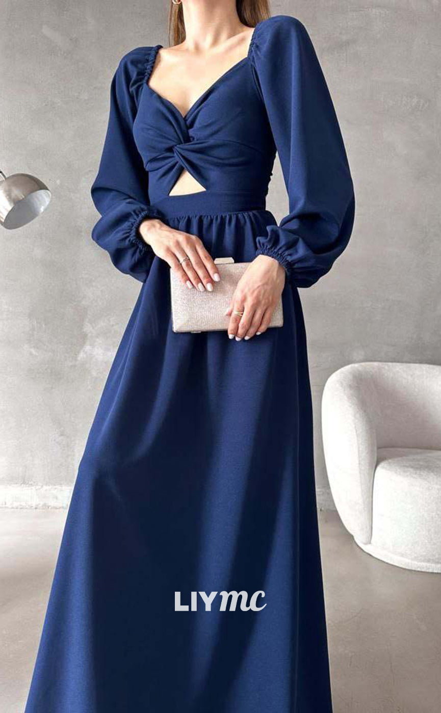 LP656 - V Neck Long Sleeves Ruched Satin A Line Long Formal Evening Dress