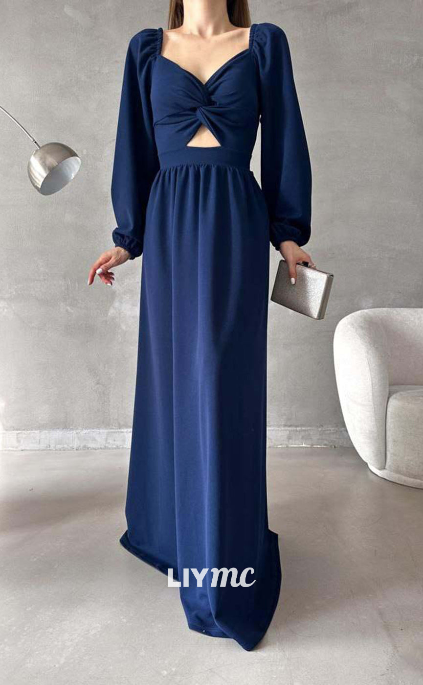 LP656 - V Neck Long Sleeves Ruched Satin A Line Long Formal Evening Dress