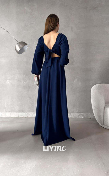 LP656 - V Neck Long Sleeves Ruched Satin A Line Long Formal Evening Dress