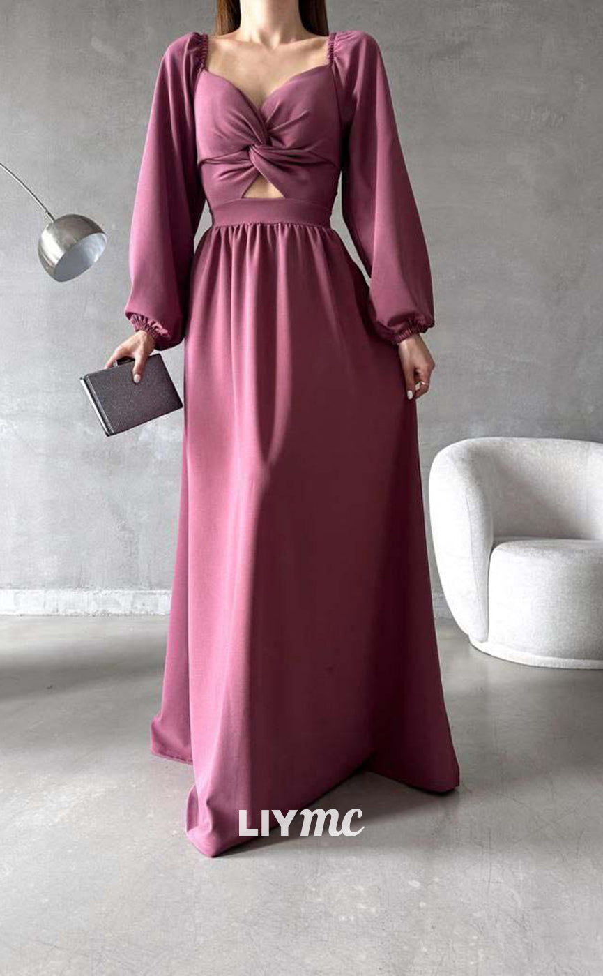 LP656 - V Neck Long Sleeves Ruched Satin A Line Long Formal Evening Dress