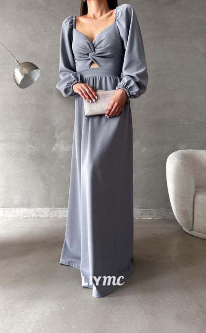 LP656 - V Neck Long Sleeves Ruched Satin A Line Long Formal Evening Dress