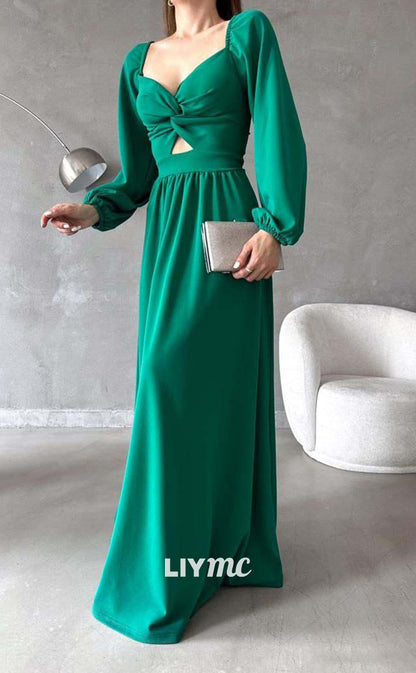 LP656 - V Neck Long Sleeves Ruched Satin A Line Long Formal Evening Dress