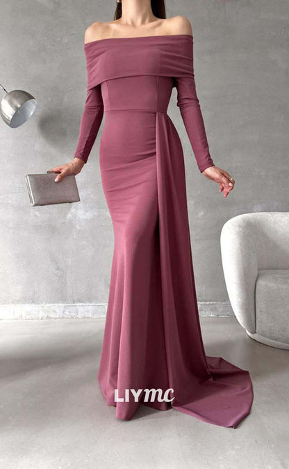 LP657 - Mermaid Off Shoulder Long Sleeves Elastic Satin Formal Evening Dress