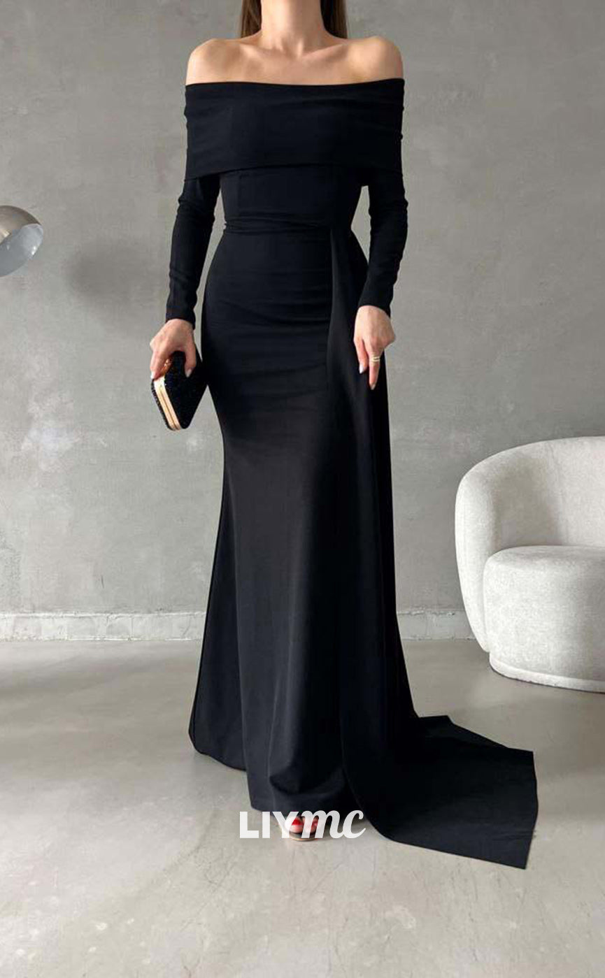 LP657 - Mermaid Off Shoulder Long Sleeves Elastic Satin Formal Evening Dress