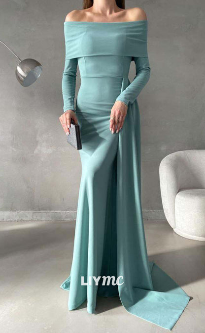 LP657 - Mermaid Off Shoulder Long Sleeves Elastic Satin Formal Evening Dress