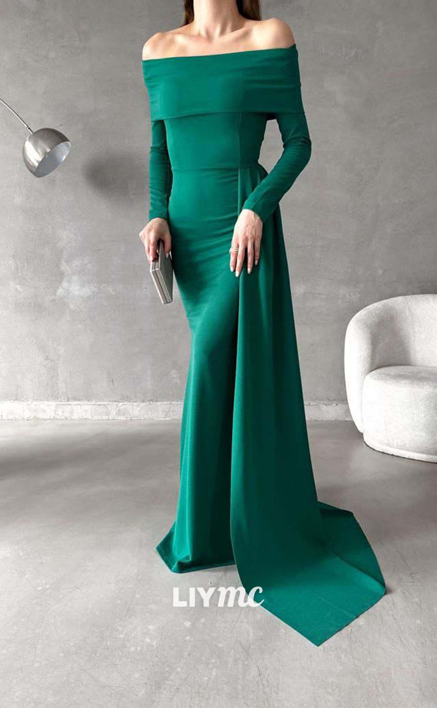 LP657 - Mermaid Off Shoulder Long Sleeves Elastic Satin Formal Evening Dress