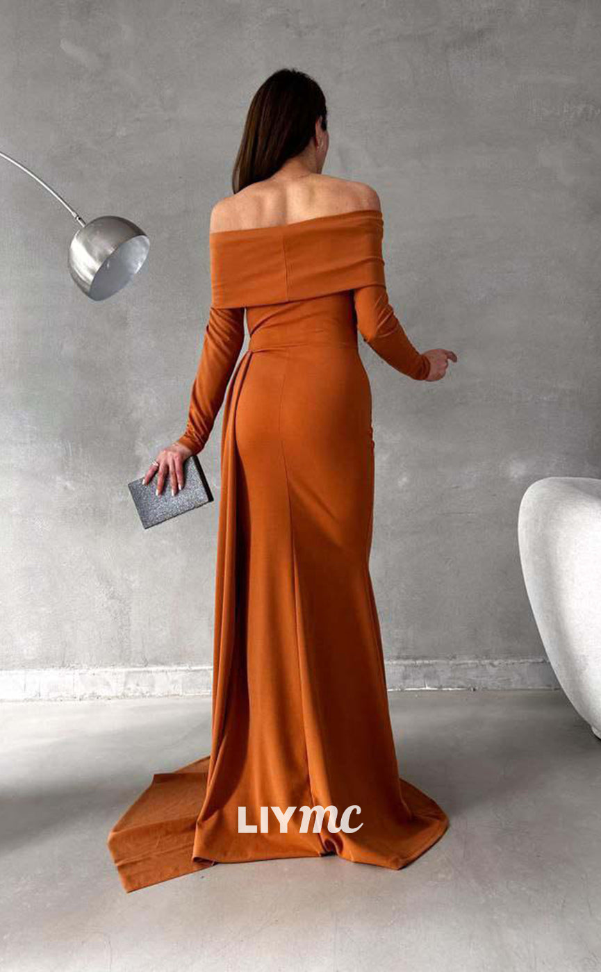 LP657 - Mermaid Off Shoulder Long Sleeves Elastic Satin Formal Evening Dress