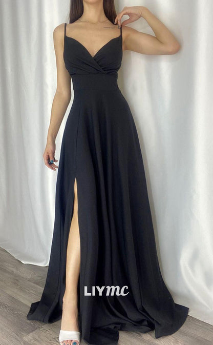 LP660 - A Line V Neck Pleated Satin Long Formal Evening Dress With Slit