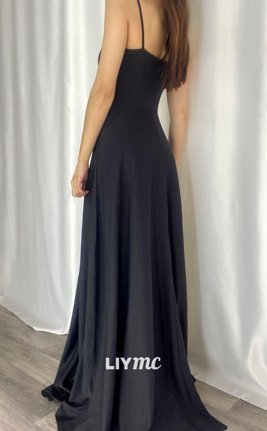 LP660 - A Line V Neck Pleated Satin Long Formal Evening Dress With Slit