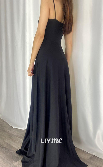 LP660 - A Line V Neck Pleated Satin Long Formal Evening Dress With Slit