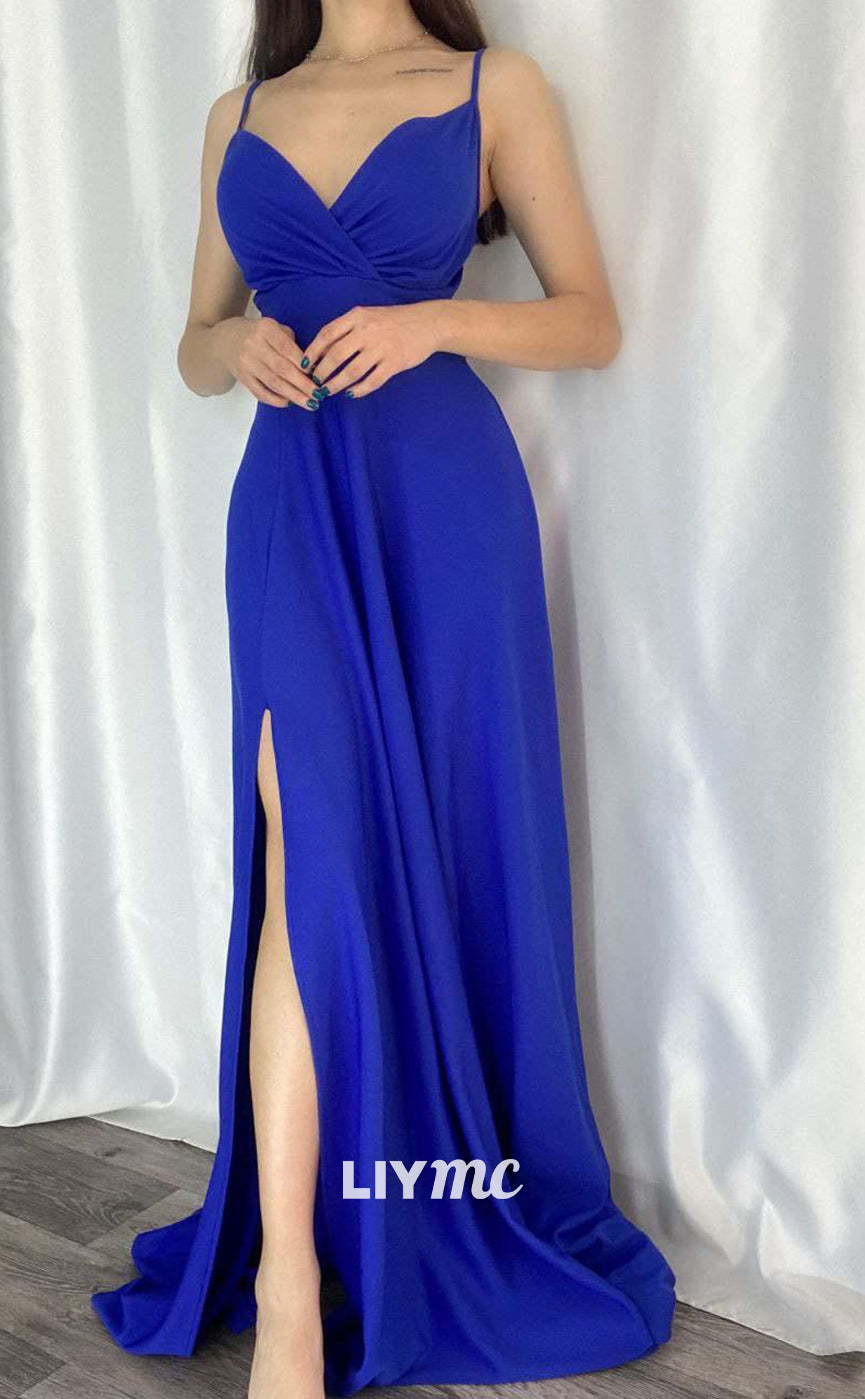 LP660 - A Line V Neck Pleated Satin Long Formal Evening Dress With Slit