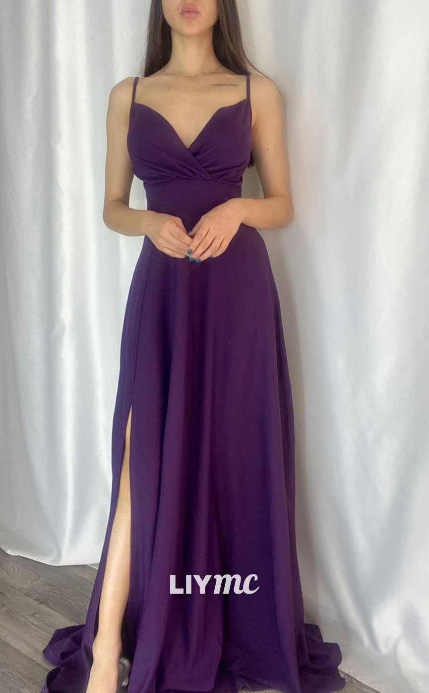 LP660 - A Line V Neck Pleated Satin Long Formal Evening Dress With Slit