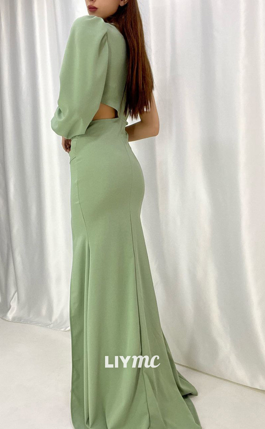 LP661 - One Shoulder Long Sleeves Satin Sheath Formal Evening Dress With Slit