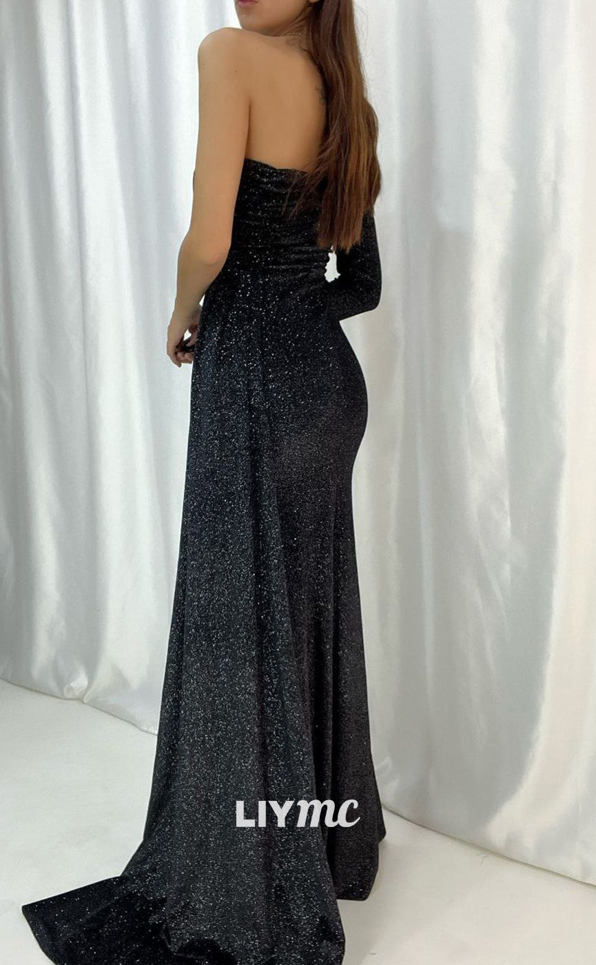 LP663 - Sparkly One Shoulder Velvet Mermaid Long Evening Dress With Sweep Train