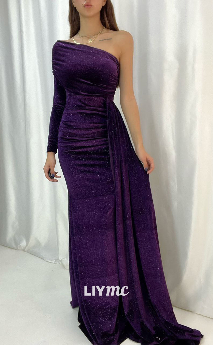 LP663 - Sparkly One Shoulder Velvet Mermaid Long Evening Dress With Sweep Train