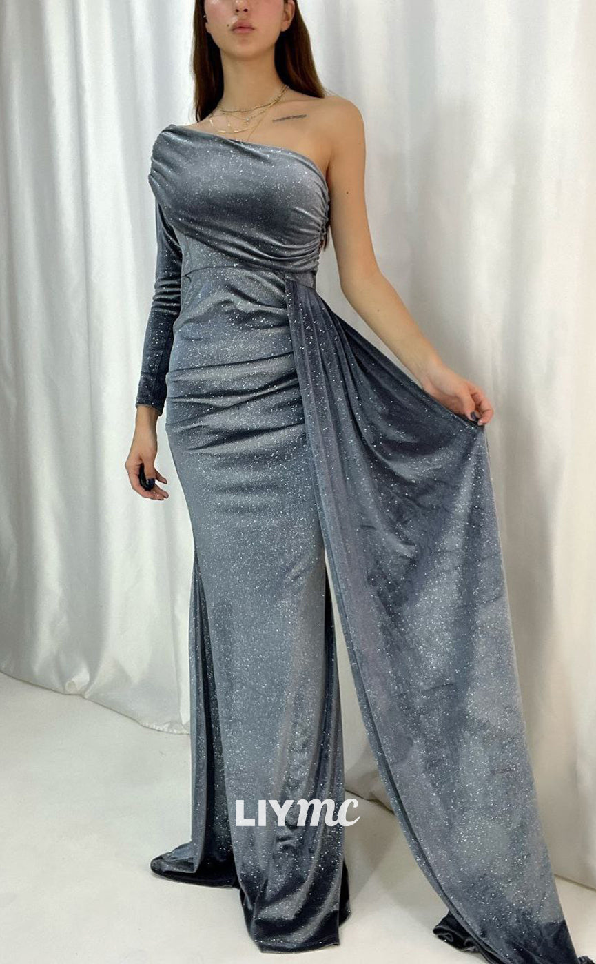 LP663 - Sparkly One Shoulder Velvet Mermaid Long Evening Dress With Sweep Train