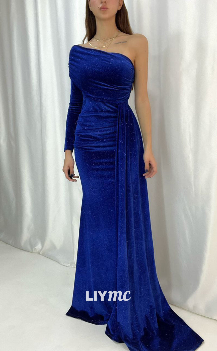 LP663 - Sparkly One Shoulder Velvet Mermaid Long Evening Dress With Sweep Train