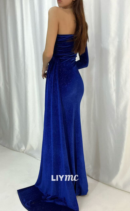 LP663 - Sparkly One Shoulder Velvet Mermaid Long Evening Dress With Sweep Train