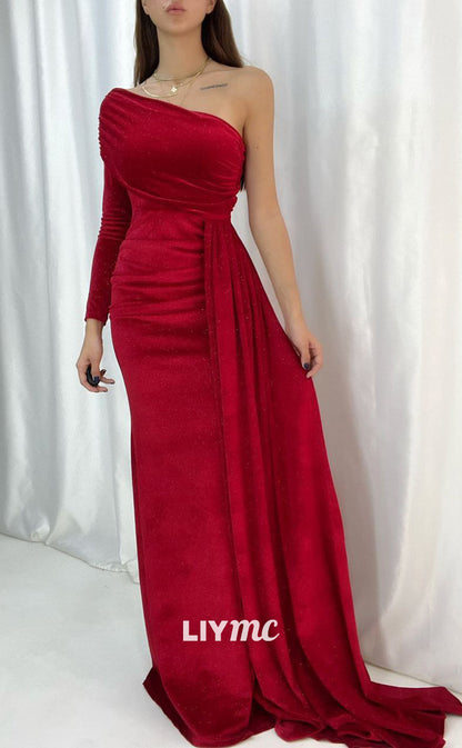 LP663 - Sparkly One Shoulder Velvet Mermaid Long Evening Dress With Sweep Train