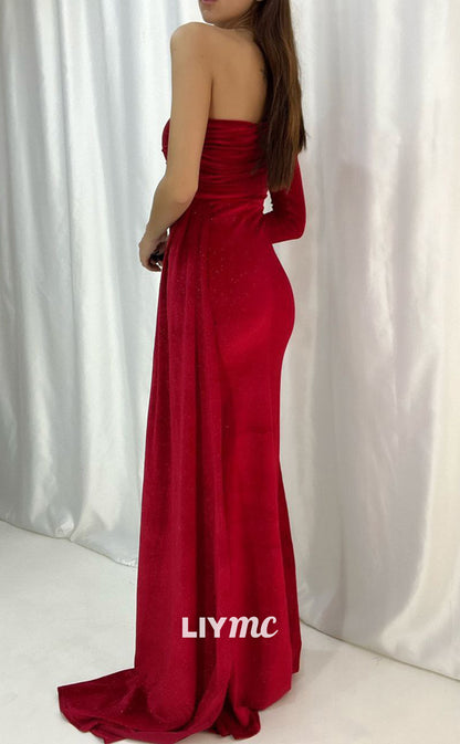 LP663 - Sparkly One Shoulder Velvet Mermaid Long Evening Dress With Sweep Train