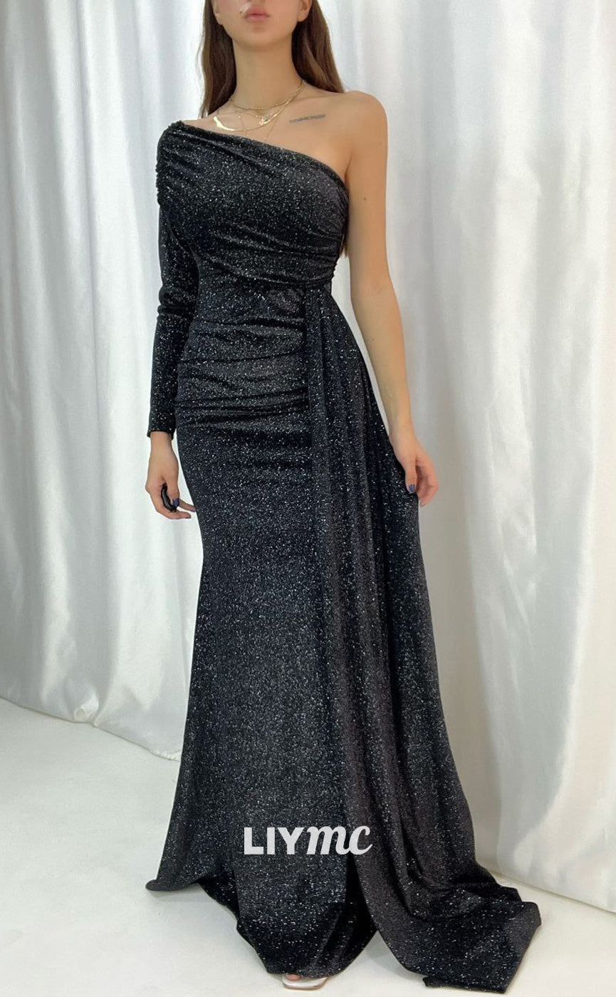 LP663 - Sparkly One Shoulder Velvet Mermaid Long Evening Dress With Sweep Train