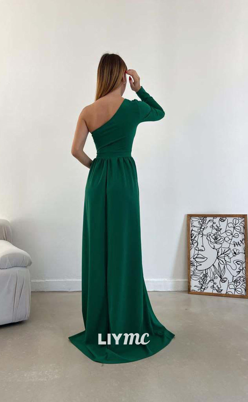 LP665 - A Line One Shoulder Long Sleeves Satin Formal Evening Dress With Slit