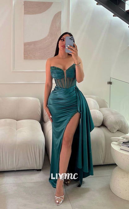 LP671 - Sheath/Column Strapless Beaded Satin Pleated Long Prom Evening Dress