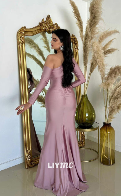 LP680 - Mermaid/Trumpet One Shoulder Long Sleeves Satin Semi Evening Dress