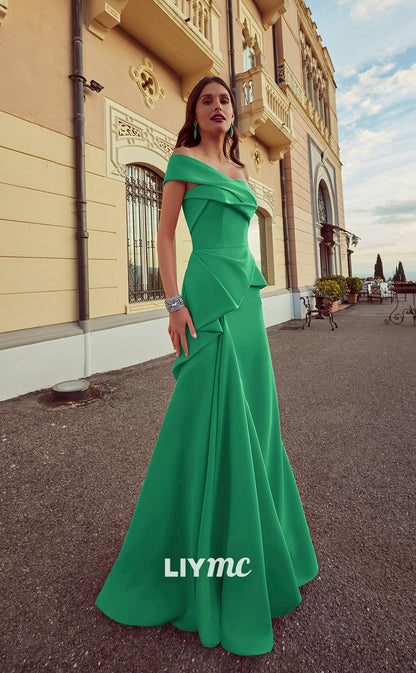 LP688 - A Line One Shoulder Sleeveless Satin Pleated Long Semi Formal Dress