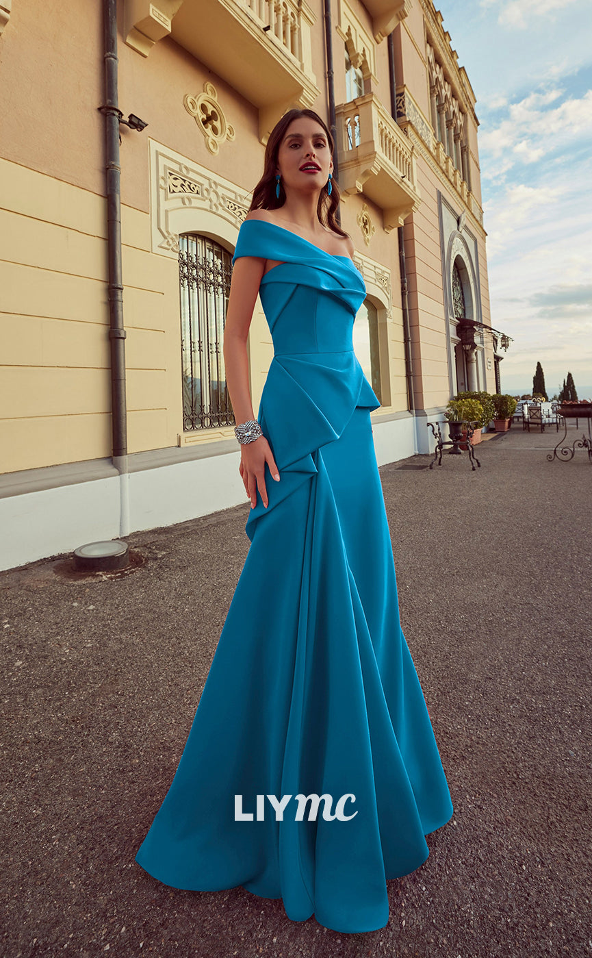 LP688 - A Line One Shoulder Sleeveless Satin Pleated Long Semi Formal Dress