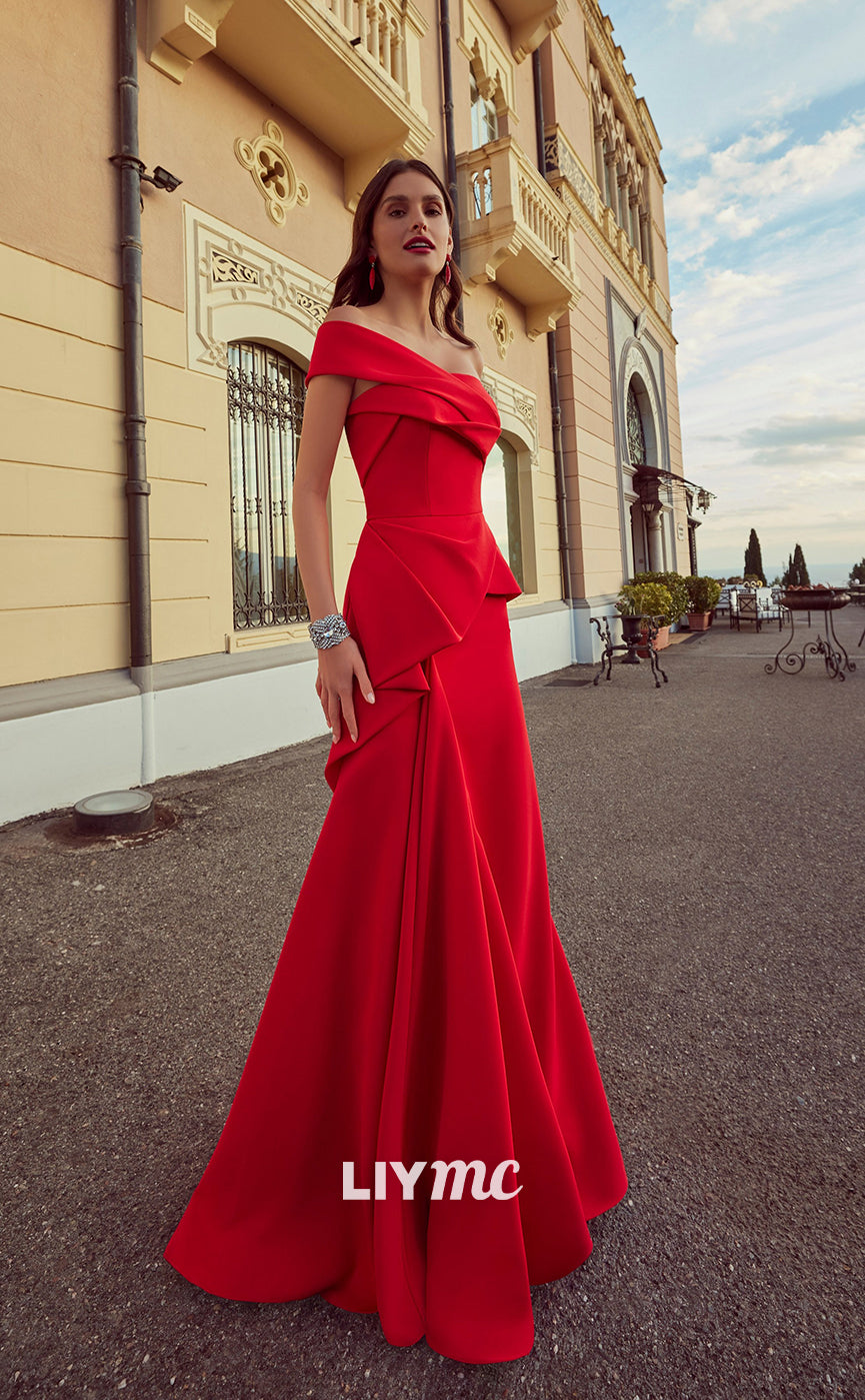 LP688 - A Line One Shoulder Sleeveless Satin Pleated Long Semi Formal Dress