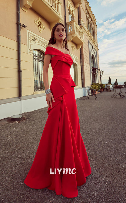 LP688 - A Line One Shoulder Sleeveless Satin Pleated Long Semi Formal Dress